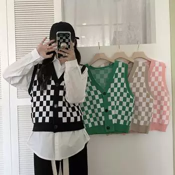 Клетчатый клетчатый свитер большого размера, жилет, винтажная уличная одежда, женский джемпер с v-образным вырезом, женские черные топы One Size