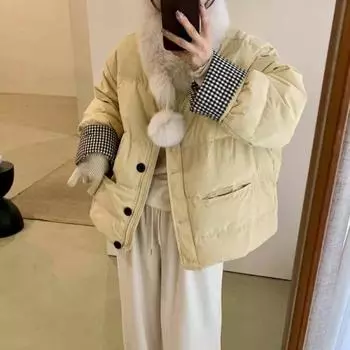 Клетчатый контрастный цвет хлеб пуховик женский зимний дизайн нишевый короткий модный иностранный стиль маленький мужчина Average size within 70kg чёрный