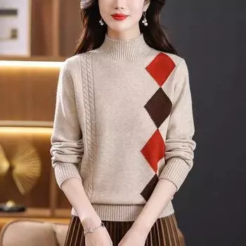 Клетчатый контрастный цвет женская одежда пуловер длинный рукав полувысокий воротник осень зима свитер трикотажные офисные женские топы L красный