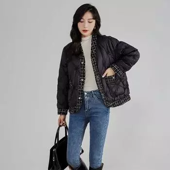 Клетчатый край V-образный вырез Xiaoxiang 2024 новый темперамент зима новая мода универсальный иностранный стиль белый утиный пуховик женский S size 90-60kg белый