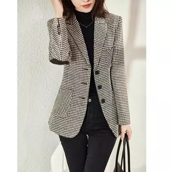 Клетчатый маленький блейзер женский британский стиль костюм топ тонкий весенний новый тысяча птиц сетка маленький женский костюм S 80-49 kg светло-коричневого