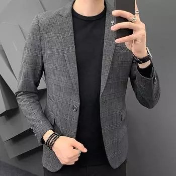 Клетчатый мужской маленький костюм костюм британский стиль корейская версия модный красивый повседневный тонкий топ пиджак M серый