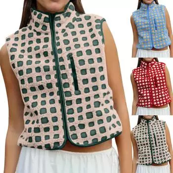 Клетчатый плюшевый жилет с подкладкой, жилет с воротником, без рукавов, женский L