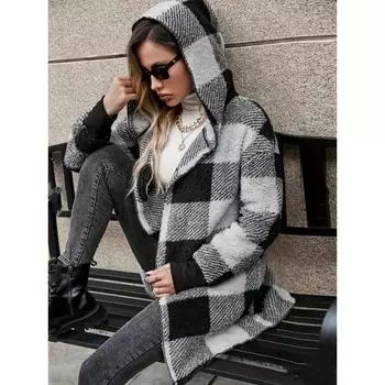 Клетчатый принт с открытым передом, пушистое пальто, повседневное пальто с длинным рукавом и капюшоном для осени и зимы, женская одежда S красный