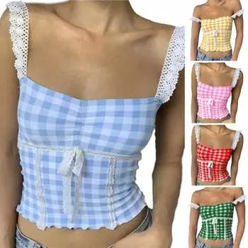 Клетчатый принт топы без рукавов кружевной кроп топ с квадратным вырезом без рукавов сексуальный короткий L жёлтый