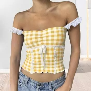 Клетчатый принт топы без рукавов с кружевной строчкой топ на бретельках с квадратным вырезом сексуальные короткие топы жилет на бретельках повседневная одежда XL жёлтый