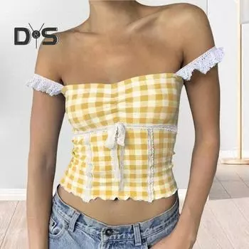 Клетчатый принт топы без рукавов с кружевной строчкой топ на бретельках с квадратным вырезом сексуальные короткие топы жилет на бретельках повседневная одежда XL красный