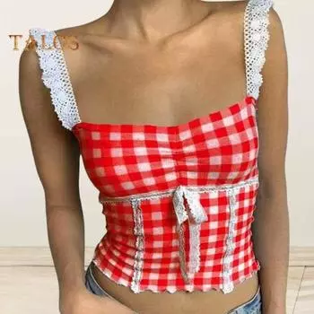 Клетчатый принт топы без рукавов с кружевной строчкой топ на бретельках с квадратным вырезом сексуальные короткие топы жилет на бретельках повседневная одежда S зелёный