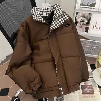 клетчатый ретро хлопчатобумажная куртка зимняя новая одежда для хлеба студенческая утолщенная хлопчатобумажная куртка свободная хлопчатобумажная куртка S 75-45 kg темно-коричневого