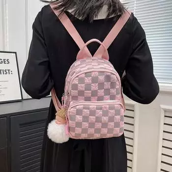 Клетчатый рюкзак для девочек 2024 года, новый модный студенческий простой милый школьный рюкзак, универсальный дорожный маленький рюкзак розовый