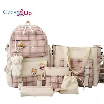 Клетчатый рюкзак для учащихся начальной школы, женский рюкзак, набор из 5 предметов, рюкзак 41cm * 31cm * 12cm розовый