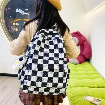 Клетчатый рюкзак Студенческий школьный женский рюкзак с героями мультфильмов