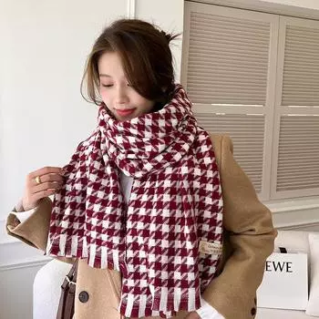 Клетчатый шарф, осенне-зимний студенческий шарф, теплая шаль с кисточками, модный женский шарф винный