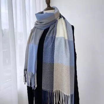 Клетчатый шарф, осенне-зимняя женская шаль с кисточками из искусственного кашемира синий