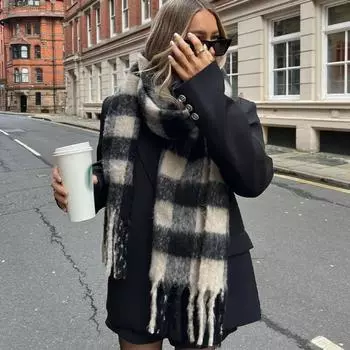 Клетчатый шарф в шахматную клетку, мягкие роскошные шарфы, женские зимние теплые шарфы двойного назначения, длинная шаль, винтажные утолщенные шарфы из пашмины 200*30cm чёрный