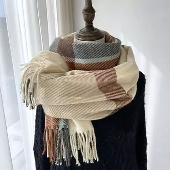 Клетчатый шарф женский новый осенне-зимний модный искусственный кашемировый платок с кисточками студенческий теплый толстый шарф 180*68cm