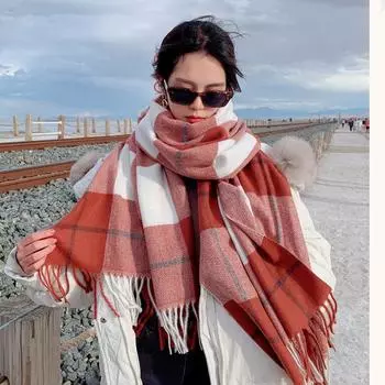 Клетчатый шарф женский осенне-зимний модный теплый шаль студенческий вязаный шарф кофейный