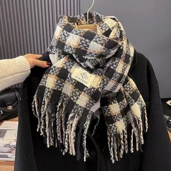 Клетчатый шарф женский утолщенный теплый шарф женский студенческий модный шарф чёрный