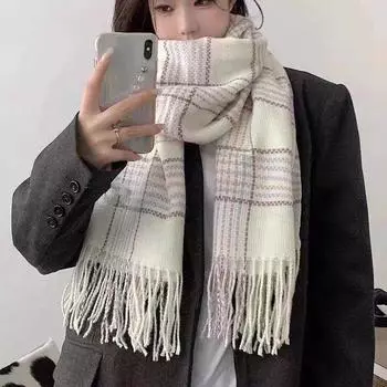 Клетчатый шарф зимний теплый кашемировый женский длинный бандана пашминовый платок женский шарфы шаль с кисточками и накидки