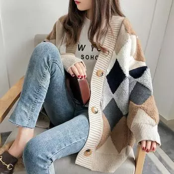 Клетчатый шикарный кардиган Argyle, свитер, женский осенне-зимний свободный кардиган с пышными рукавами, клетчатый оверсайз, женские свитера, топы 23825 One Size тёмно-синий