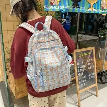 Клетчатый школьный рюкзак для старшеклассников, кампусный рюкзак, женский дорожный рюкзак синий