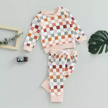 Клетчатый спортивный костюм для маленьких мальчиков и девочек, пуловер, топ + брюки для бега, осенне-зимняя одежда для малышей 12-18 Months розовый