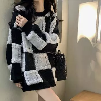 Клетчатый свитер женский утолщенный свободный пуловер с круглым вырезом вязаный топ One size белый