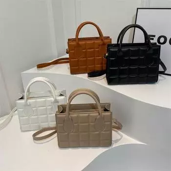 Клетчатый вмятина однотонный модный текстура женская ручная сумка большой емкости через плечо маленькая квадратная женская сумка коричневый