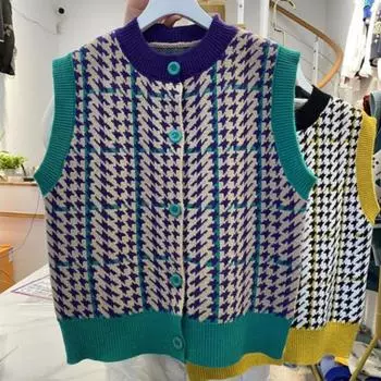 Клетчатый вязаный кардиган, жилет женский, цветной, универсальный, ретро, корейский, для колледжа, повседневный кардиган без рукавов, свитер, жилет женский