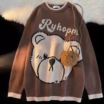 Клетчатый вязаный свитер с медведем, женский японский стиль, коричневый, с круглым вырезом, винтажный зимний теплый свободный Kawaii, милый повседневный шикарный пуловер S чёрный