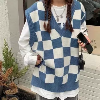 Клетчатый вязаный жилет с v-образным вырезом, свитер студенток, носить осенне-зимний студенческий свитер без рукавов, жилет, женский топ One Size чёрный
