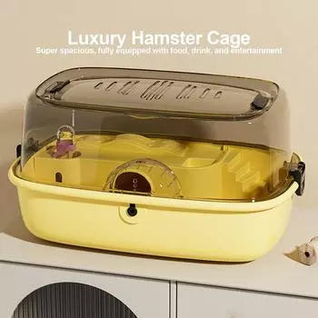 Клетка для хомяка, комнатная клетка для хомяка, замок, 43x30x25 см. Полный комплект с цельной миской для еды, бесшумными бегунками и герметичным чайником. жёлтый
