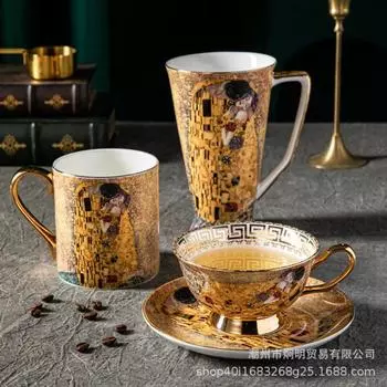 Klimt Kiss Bone China Кружки Кофейные чашки с ложкой Фарфор Густава Климта Свадьба День рождения Подарки Офис Бытовая посуда As show