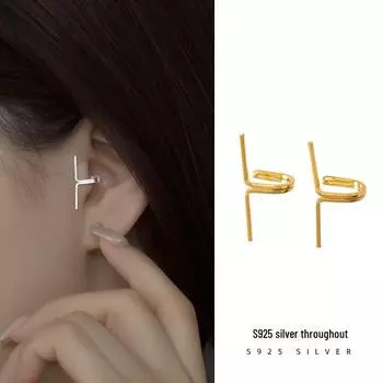 Клипсы для ушей Banyan Tree S925 Silver без проколов: Серьги-каффы Simple Line унисекс - модный европейский и американский стиль ES1922 золотой/чёрный