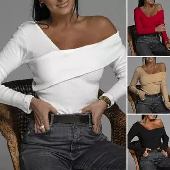 Клубная блузка, эластичная тонкая женская мода с защитой от катышков, сексуальные топы без бретелек на одно плечо, уличная одежда M чёрный