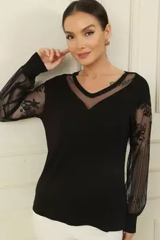 Клубничная блузка с V-образным вырезом и рукавами из тюля