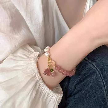 Клубнично-розовые бусины Браслет из бисера Персонализированный браслет с подвеской в форме лотоса Браслет с темпераментом