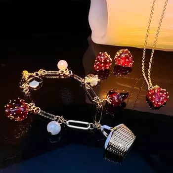 Клубничное ожерелье, браслет, серьги, текстура, фрукты, дофамин, ожерелье, браслет с гвоздями, комплект ювелирных изделий, подарок