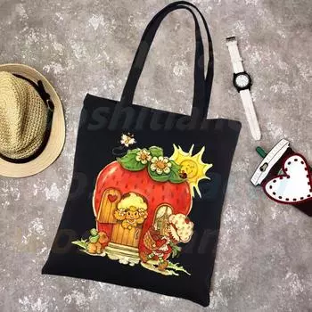 Клубничное песочное печенье Harajuku, модные черные сумки для покупок, парусиновая большая сумка, многоразовая тканевая сумка для мамы, сумки на плечо 24*26cm