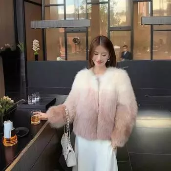 Клубничный молочный коктейль осень/зима 2024 шуба из лисьего живота с градиентным окрашиванием: Женская мода, простая и милая S розовый