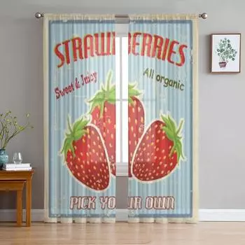 Клубника Винтаж Гранж Ретро Плакат Шифоновые Прозрачные Шторы для Гостиной Спальня Украшения Окна Вуали Тюлевая Занавеска 135W x 114H(cm)
