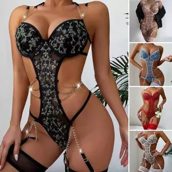 Клубное боди, облегающее боди без рукавов с цветочным узором, кружевная вышивка, ажурная цепочка, декор на тонких бретельках, соблазнительное ночное боди для романтической ночи S чёрный