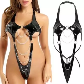 Клубное боди, облегающее боди без рукавов с цепочкой и глубоким вырезом, вырез на шее, соблазнительное ночное боди с вырезом на тонких бретельках L