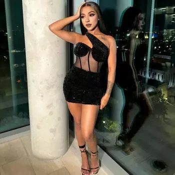 Клубное платье с открытыми плечами и косым вырезом, облегающее ультракороткое мини-платье с пайетками 2XL красный