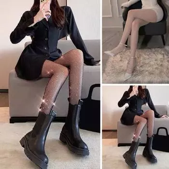 Клубные колготки в сеточку со стразами, однотонные прозрачные ажурные обтягивающие колготки, украшающие ноги, мягкие, высокоэластичные женские чулки, женская одежда чёрный