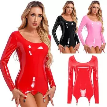 Клубные платья для женщин, мини-платье с длинными рукавами, нижнее белье, облегающее платье из глянцевой лакированной кожи с зажимами для подвязок S