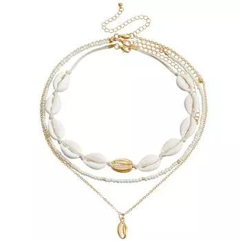 Ключичная цепочка многослойные аксессуары женские, богемное ожерелье с подвеской из ракушки и рисовых бусин золотой