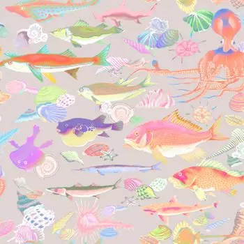 KM1017 Ткань для простыней с рисунком рыб для рукоделия, хлопок, сделано в Японии, серая, ширина 110 см x nora. Предварительно нарезанный (Ткань 50см)