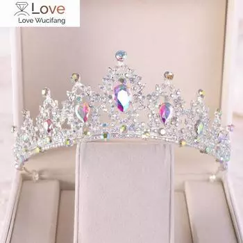 Kmvexo Vintage Ab Blue Gold Crystal Bridal Tiaras Brides Heart Drop Hairbands Crowns Wedding Hair Accessories Выпускные украшения Подарки Width: 14cm