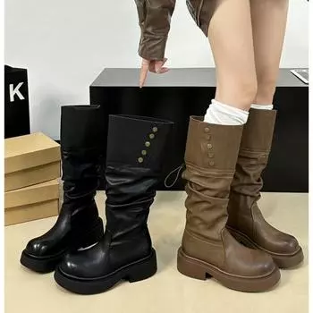 Женские ботфорты Модные ботинки с пуговицами Слипоны Женские ботинки на низком каблуке Рыцарские ботинки Новые Осенне-зимние Женские длинные ботильоны Женская обувь 35